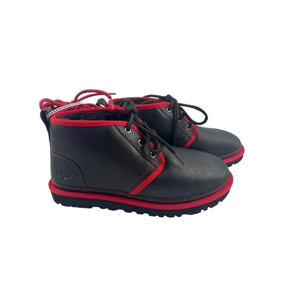UGG Men’s Neumel Leather Shearling Low Chukka Ankle Boots (Black &amp; red) Size 8