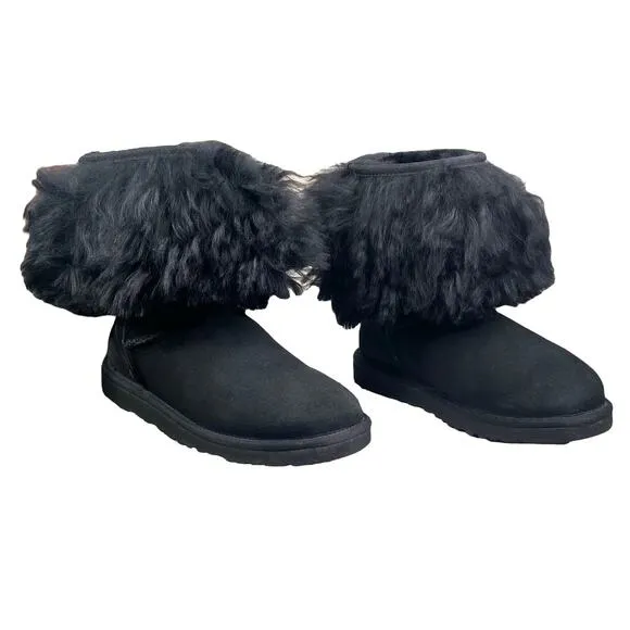 UGG Women’s Lida Mongolian Black Shearling Cuffed Fur Classic Boots Size US 6