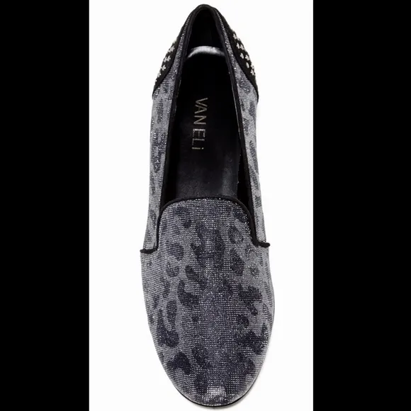 Vaneli Agatha Animal Print Flat Dress Shoes Black Silver Leopard Loafers Pumps 8