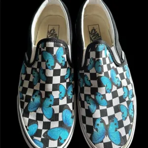 Vans Blue Butterfly Checkered Slip-On Shoes, unisex, vgc