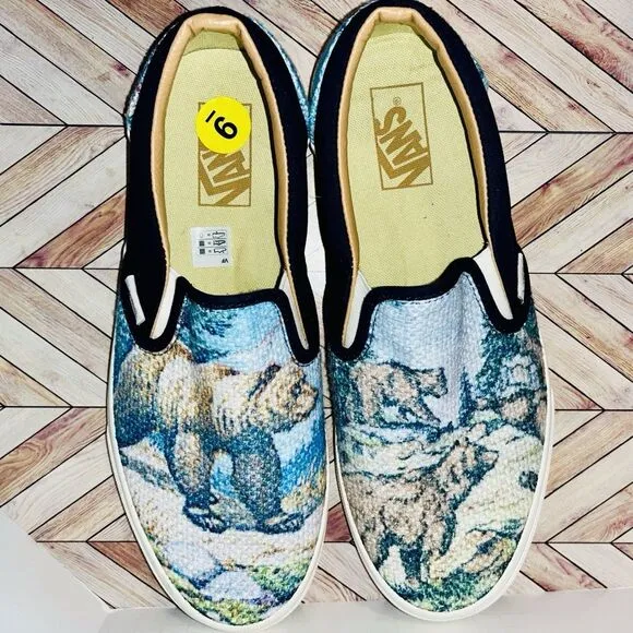 Vans Classic Slip On Cali Tapestry Bears Forest Sneakers M 9 W 10.5 Skate Shoes