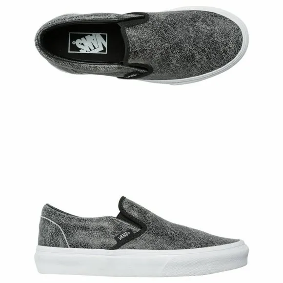 Vans Classic Slip On (Cracked Leather) Black White Womens Shoes