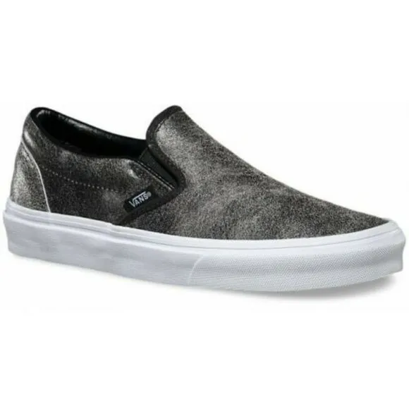 Vans Classic Slip On (Cracked Leather) Black White Womens Shoes