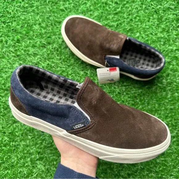 Vans Classic Slip On Pig Suede Plaid Brown Navy