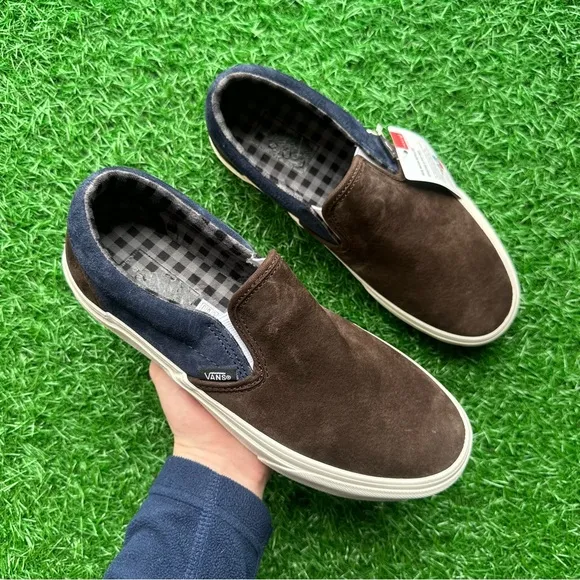 Vans Classic Slip On Pig Suede Plaid Brown Navy