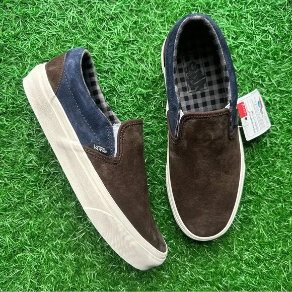 Vans Classic Slip On Pig Suede Plaid Brown Navy