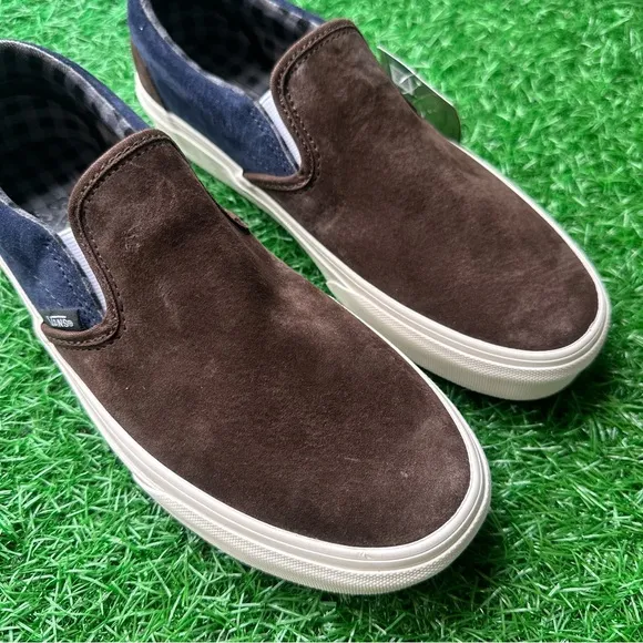 Vans Classic Slip On Pig Suede Plaid Brown Navy