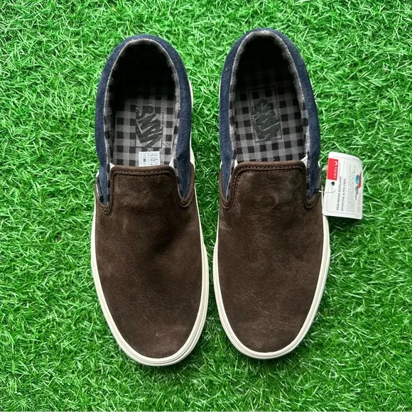 Vans Classic Slip On Pig Suede Plaid Brown Navy