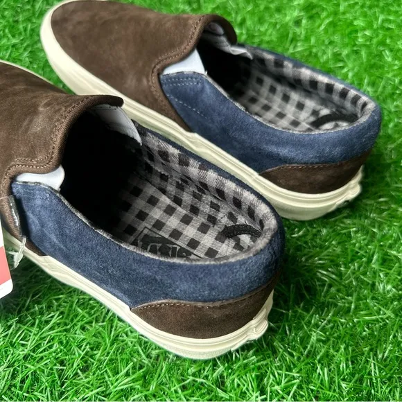 Vans Classic Slip On Pig Suede Plaid Brown Navy