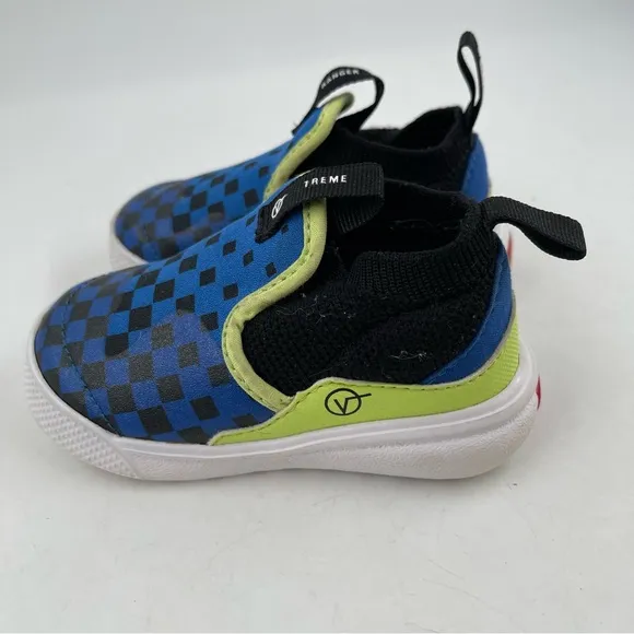 Vans Infant/Toddler Off the Wall Checkered Black Blue Slip-On Sneaker Shoe-SZ4.5