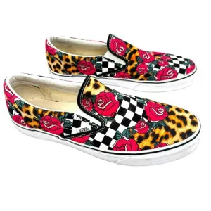 VANS Men's 13 Slip-On Shoes Floral Rose Animal Print Leopard Black White Checker