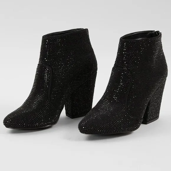 VERY G Splendor Ankle Boot Black Faux Leather Rhinestone Bootie