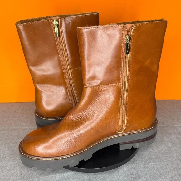 Vince Camuto Telvanni Cognac Brown Leather Platform Boot Zip Size 8.5 EU 39.5