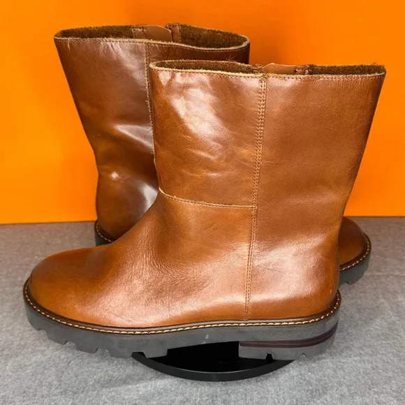 Vince Camuto Telvanni Cognac Brown Leather Platform Boot Zip Size 8.5 EU 39.5