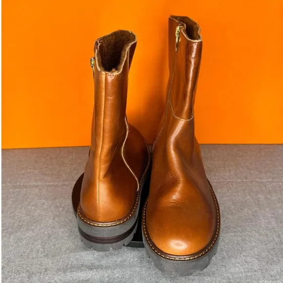 Vince Camuto Telvanni Cognac Brown Leather Platform Boot Zip Size 8.5 EU 39.5