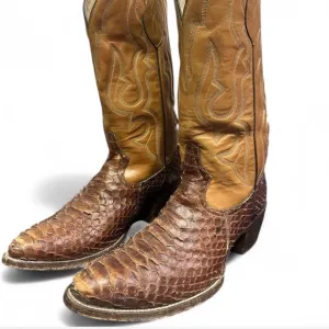 Vintage 1983 Morgan &amp; Miller Snakeskin Brown Leather Cowboy Boots Mens Size 10 D