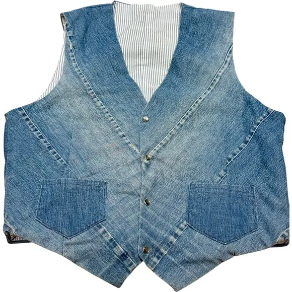 Vintage 70s Boho Handmade Reversible Denim Vest Striped Lining Pearl Snap M/L
