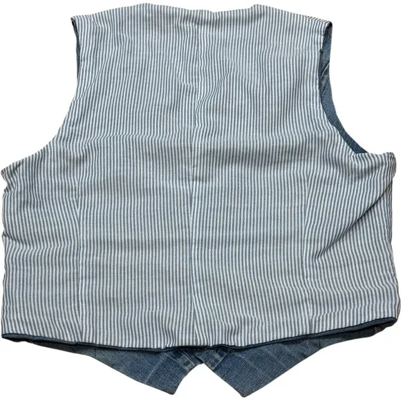 Vintage 70s Boho Handmade Reversible Denim Vest Striped Lining Pearl Snap M/L
