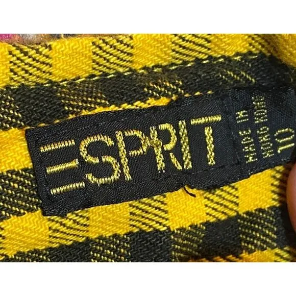 Vintage 90s Esprit Plaid Jumper Skirt Paperbag Cinched Waist Yellow Black XS