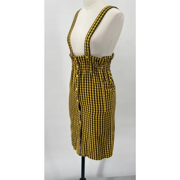 Vintage 90s Esprit Plaid Jumper Skirt Paperbag Cinched Waist Yellow Black XS