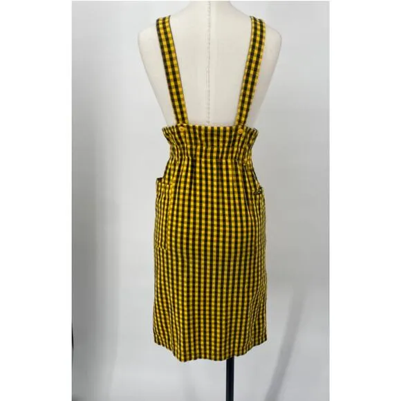 Vintage 90s Esprit Plaid Jumper Skirt Paperbag Cinched Waist Yellow Black XS