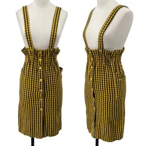 Vintage 90s Esprit Plaid Jumper Skirt Paperbag Cinched Waist Yellow Black XS