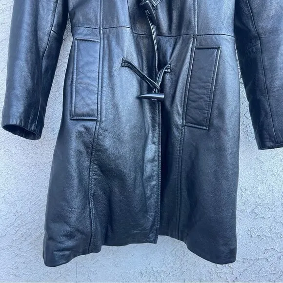 Vintage Black Leather Toggle Coat SZ MED w/ Faux Fur Hood - Gothic Y2K Style