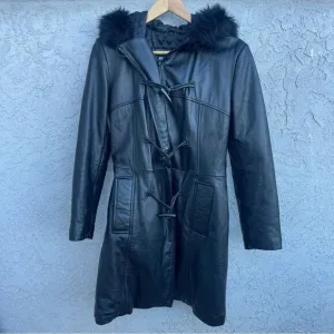Vintage Black Leather Toggle Coat SZ MED w/ Faux Fur Hood - Gothic Y2K Style