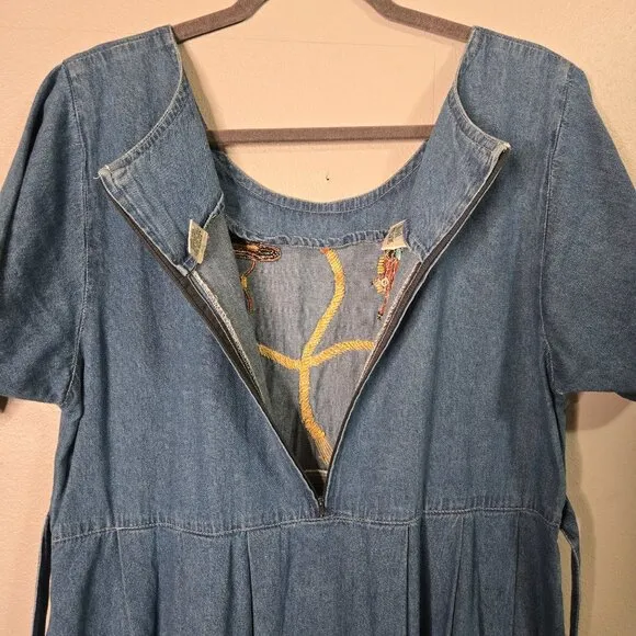 Vintage Cowboy Theme Denim Maxi Dress With Embroidered Rodeo Country Chic