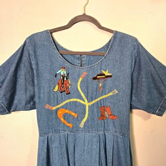 Vintage Cowboy Theme Denim Maxi Dress With Embroidered Rodeo Country Chic