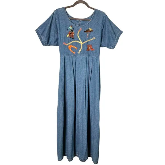Vintage Cowboy Theme Denim Maxi Dress With Embroidered Rodeo Country Chic