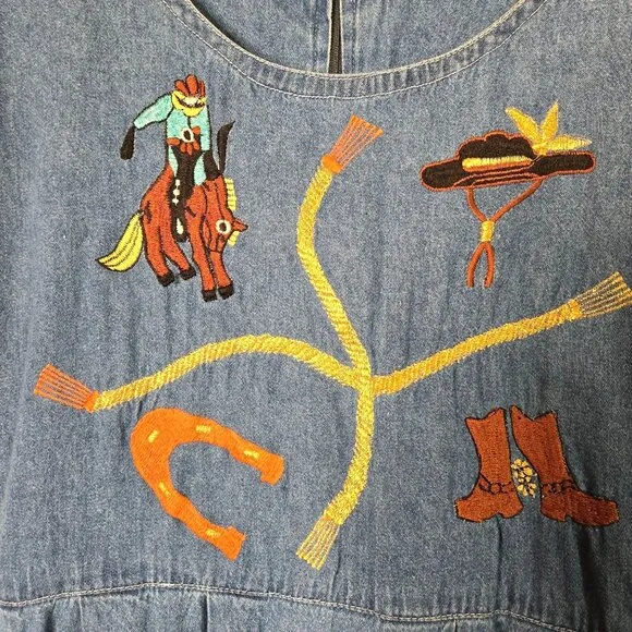Vintage Cowboy Theme Denim Maxi Dress With Embroidered Rodeo Country Chic