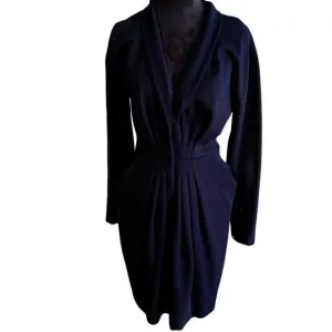 Vintage Donna Karan Navy Wool Draped Waist Midi Dress Size Small