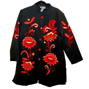Vintage 🌹 Indigo Moon 1X Black Embroidered Jacket Red Floral Design 100% Cotton