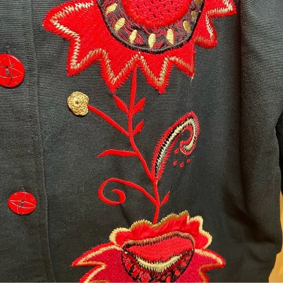 Vintage 🌹 Indigo Moon 1X Black Embroidered Jacket Red Floral Design 100% Cotton