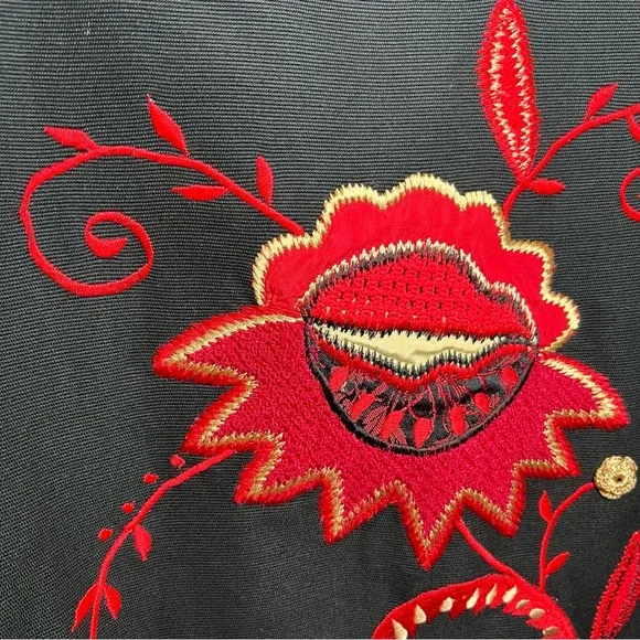 Vintage 🌹 Indigo Moon 1X Black Embroidered Jacket Red Floral Design 100% Cotton