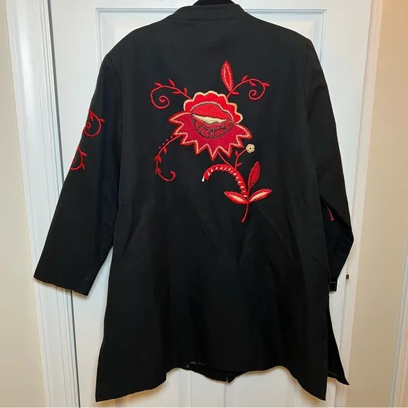 Vintage 🌹 Indigo Moon 1X Black Embroidered Jacket Red Floral Design 100% Cotton