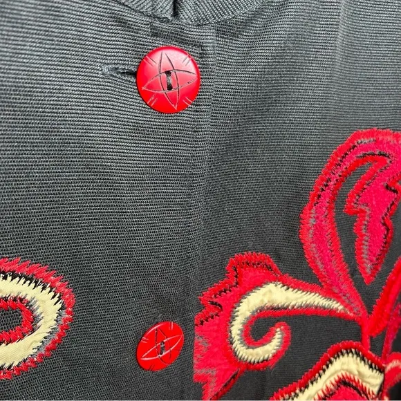 Vintage 🌹 Indigo Moon 1X Black Embroidered Jacket Red Floral Design 100% Cotton