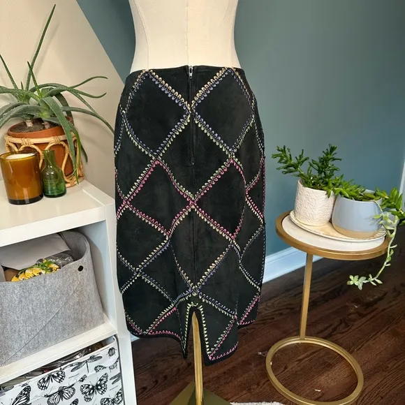 Vintage Margaret Godfrey Suede Leather Skirt Boho Y2K Patchwork Sz 6