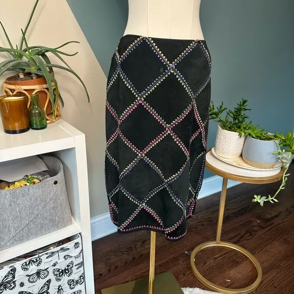 Vintage Margaret Godfrey Suede Leather Skirt Boho Y2K Patchwork Sz 6