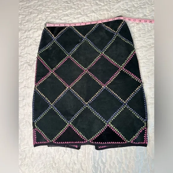 Vintage Margaret Godfrey Suede Leather Skirt Boho Y2K Patchwork Sz 6