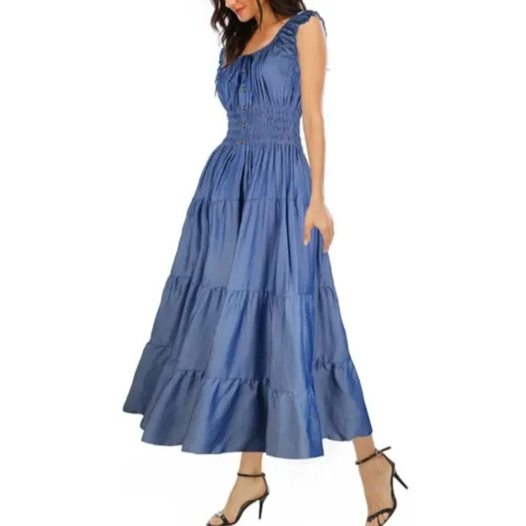 Vintage Retro Dress Denim Blue Tiered Maxi Prairie 50s Full Skirt Chambray New