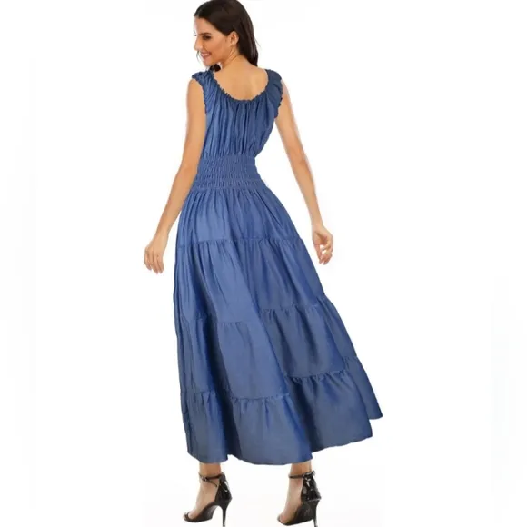 Vintage Retro Dress Denim Blue Tiered Maxi Prairie 50s Full Skirt Chambray New
