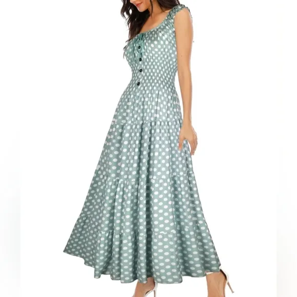 Vintage Retro Dress Denim Blue Tiered Maxi Prairie 50s Full Skirt Chambray New