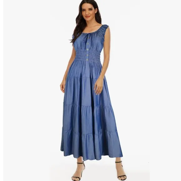 Vintage Retro Dress Denim Blue Tiered Maxi Prairie 50s Full Skirt Chambray New