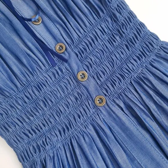 Vintage Retro Dress Denim Blue Tiered Maxi Prairie 50s Full Skirt Chambray New