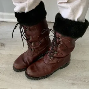Vintage Sorel Tall Leather Faux Fur Lace Up Boots size 11M outdoor snow cabin