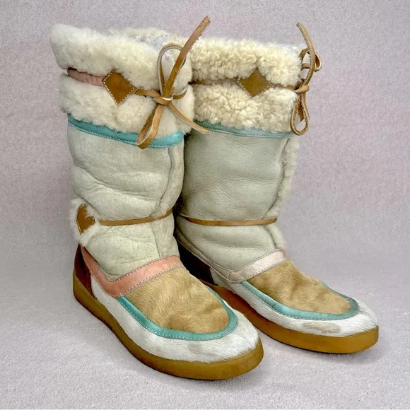 Vintage Tecnica Scandinavian Fur Boots-Women’s 8/38-Ivory/Pink/Brown-Vtg-Leather