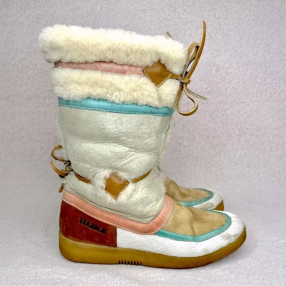 Vintage Tecnica Scandinavian Fur Boots-Women’s 8/38-Ivory/Pink/Brown-Vtg-Leather