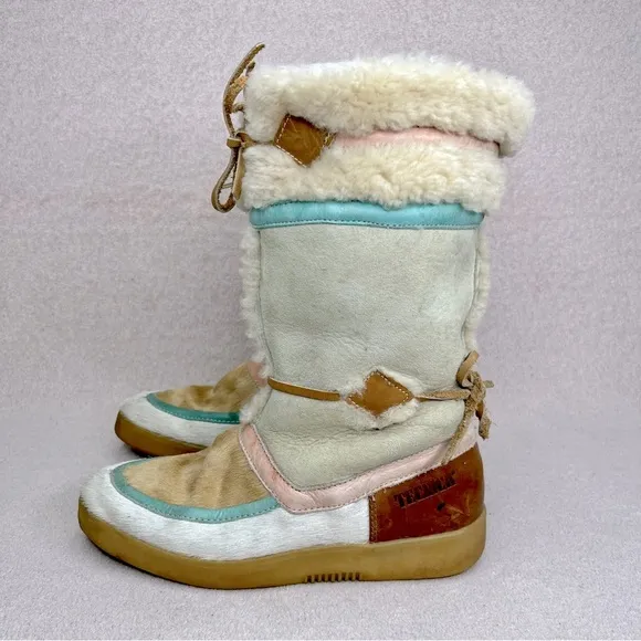Vintage Tecnica Scandinavian Fur Boots-Women’s 8/38-Ivory/Pink/Brown-Vtg-Leather